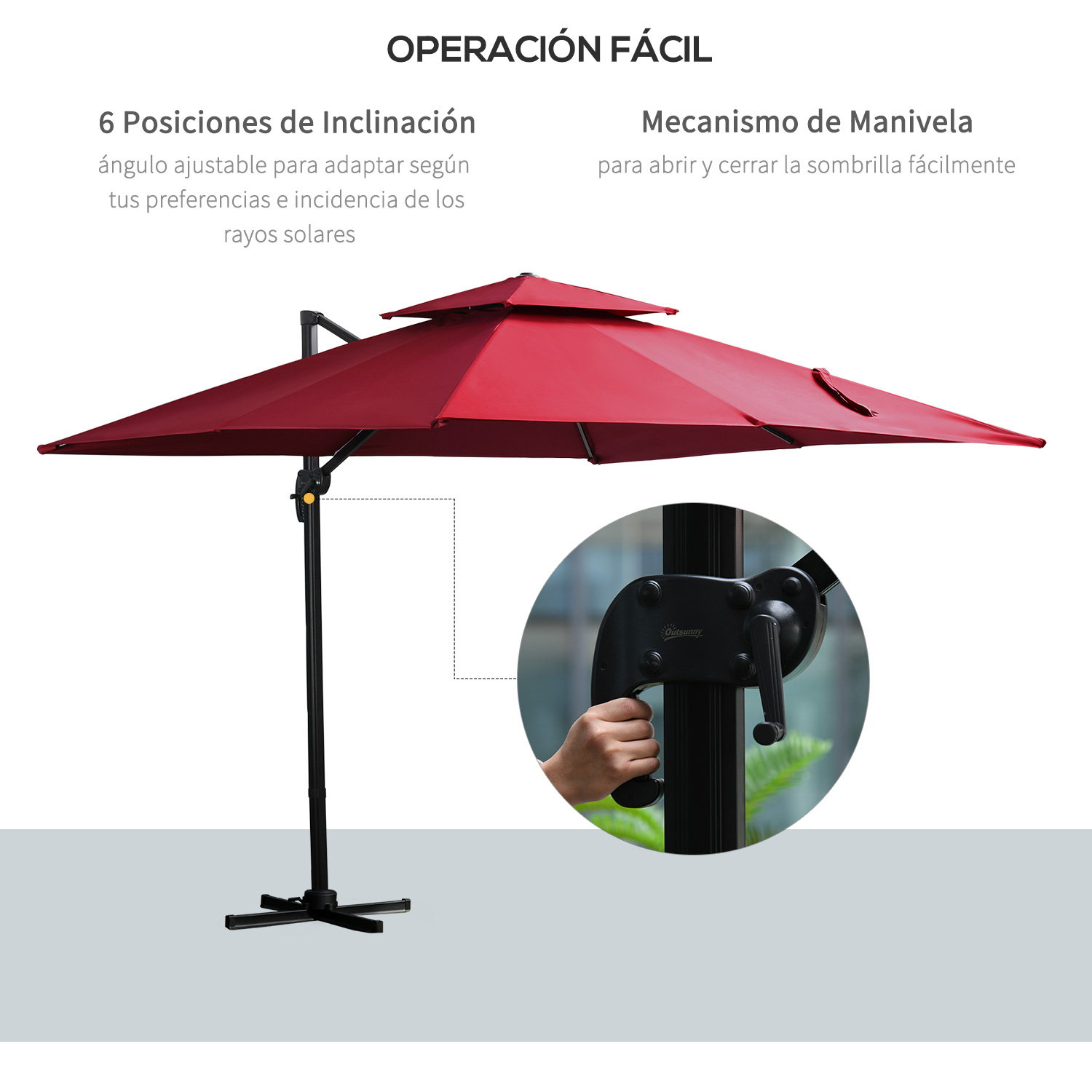 Guarda-sol de jardim Outsunny 300x300 cm em alumínio com manivela, mastro giratório 360°, cobertura dupla, inclinação em 6 posições e base cruzada incluída, vermelho