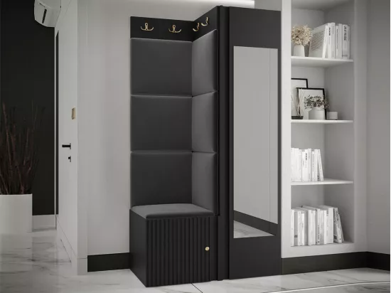 Meuble d'entrée Hartford 391, 186x82x46cm, Miroir, Noir, MDF|Stratifié|Tapisserie