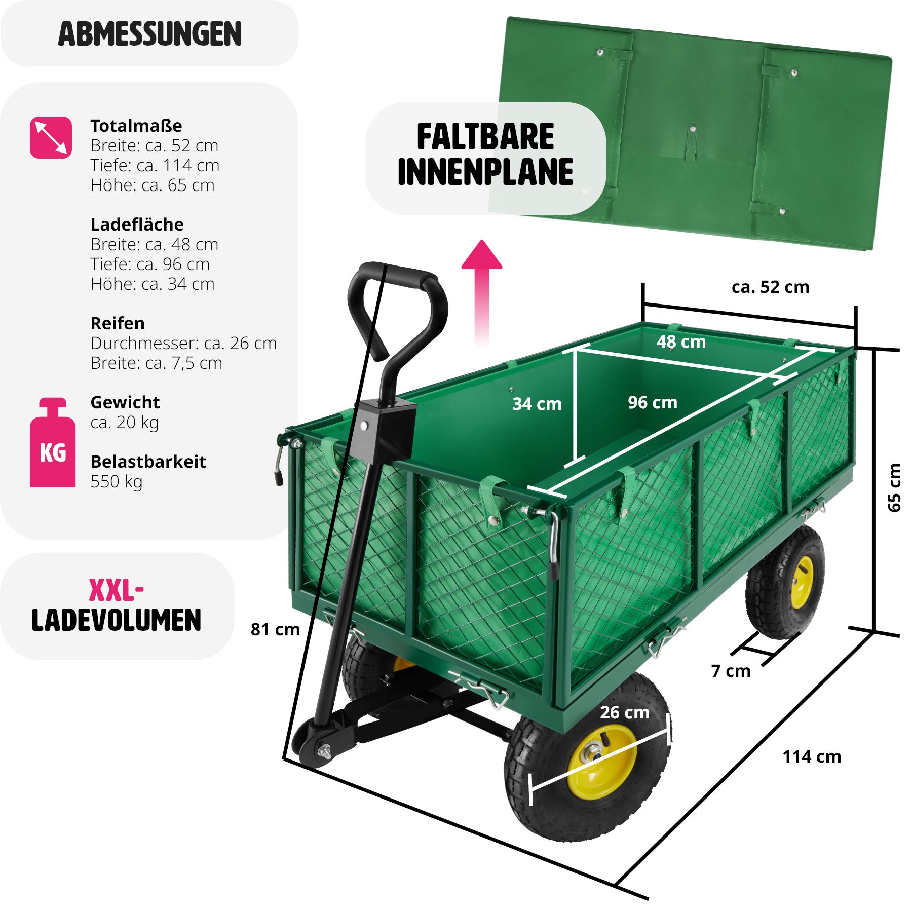 tectake® Bollerwagen, mit klappbaren Seitenwänden, leichtgängige Lenkachse mit gepolstertem Griff, Belastbarkeit 550 kg