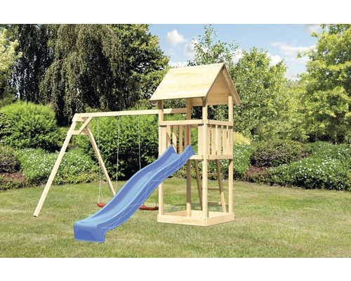 AKUBI Lotti speeltoren met zandbak, dubbele schommel en glijbaan, blauw
