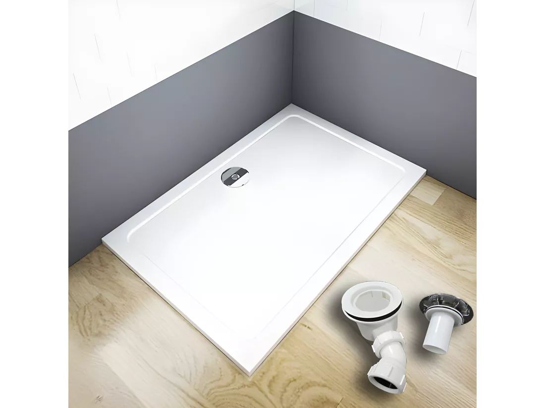 Receveur de douche blanc 90x70x3cm rectangulaire, extra-plat, gel coat, bac à douche anti-dérapant avec bonde de receveur et siphon 90cm