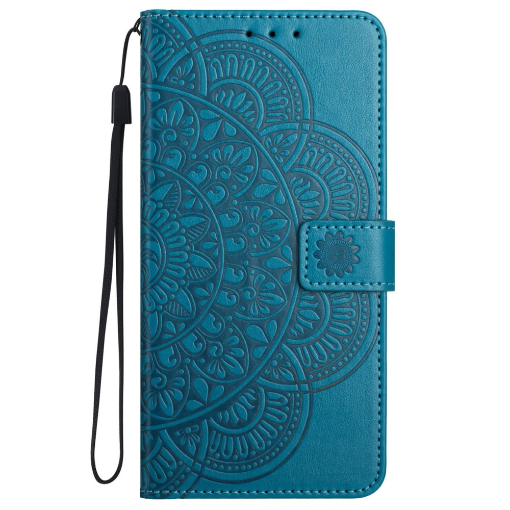 iPhone 16 Pro Leder Tasche Wallet - Mandala Flowers Imprint - Blau