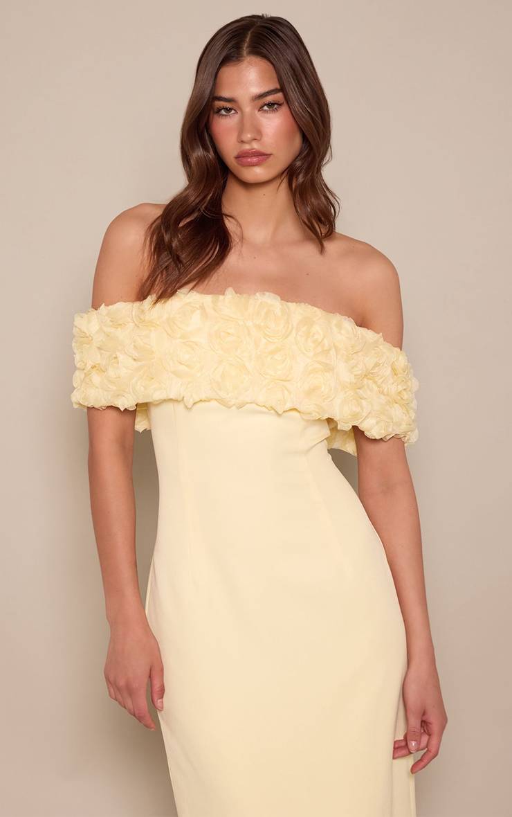 Citron Robe Maxi À Volant Sirène Avec Encolure Bardot Fleurie