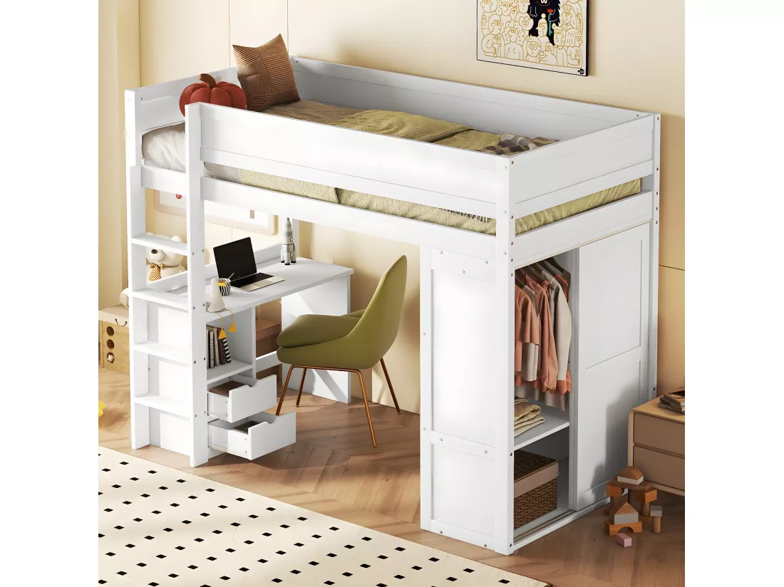 Lit mezzanine 90 x 200 cm avec bureau + 2 tiroirs - Armoir avec porte coulissante - Bois MDF - Blanc