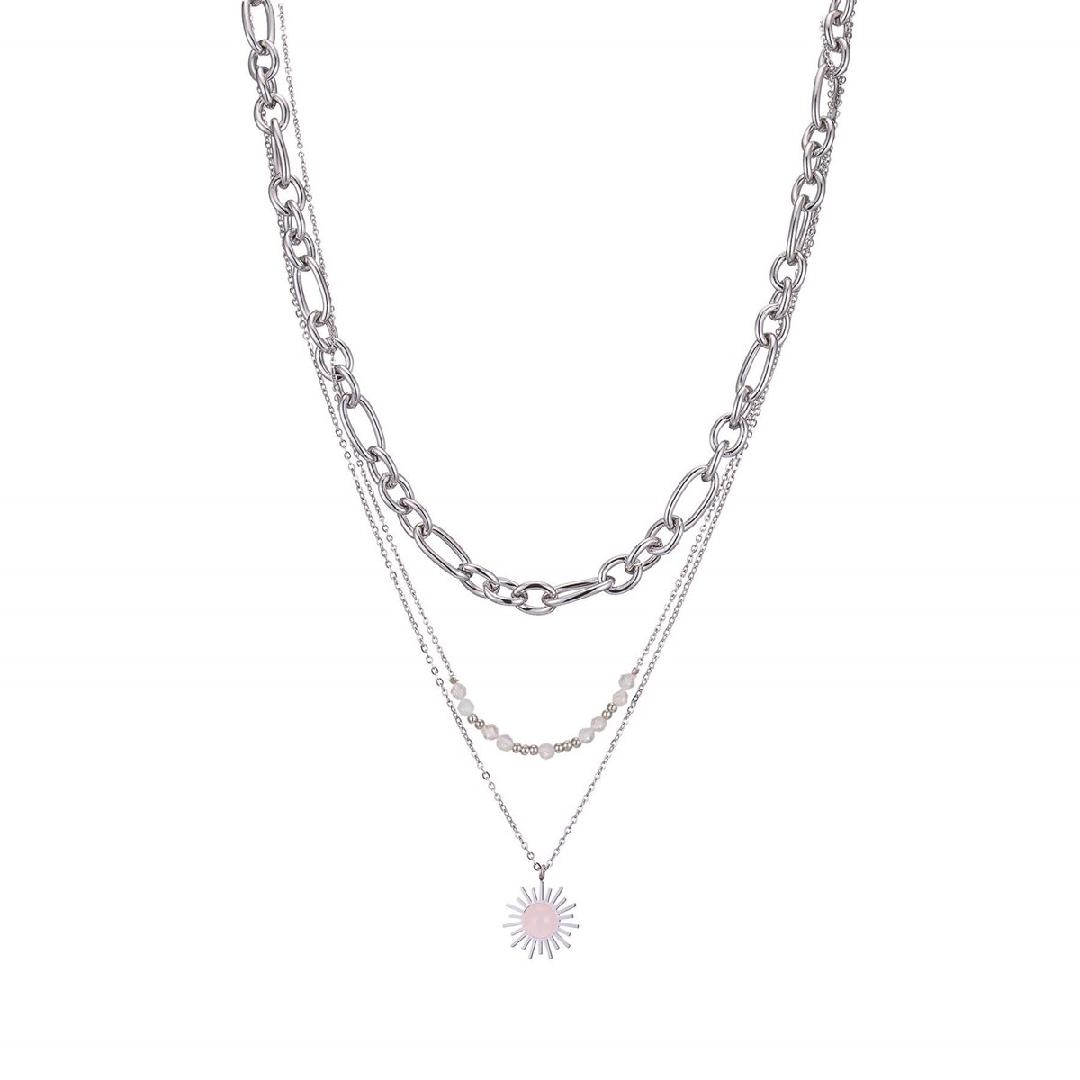 Collier Soleil acier Quartz rose