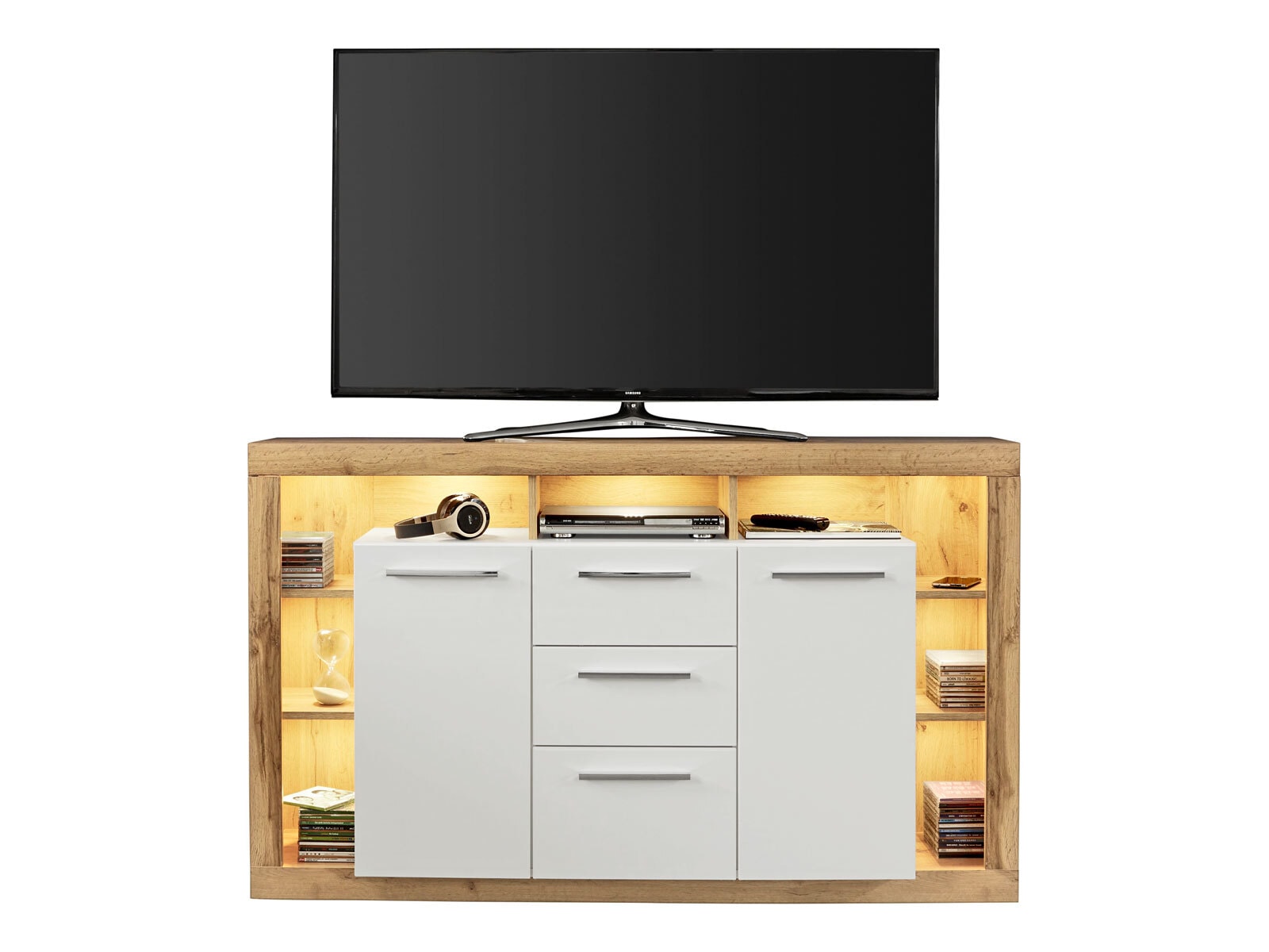 Sideboard Rock Weiß Hochglanz/Wotan Eiche Nachbildung 150 x 90 x 40 cm