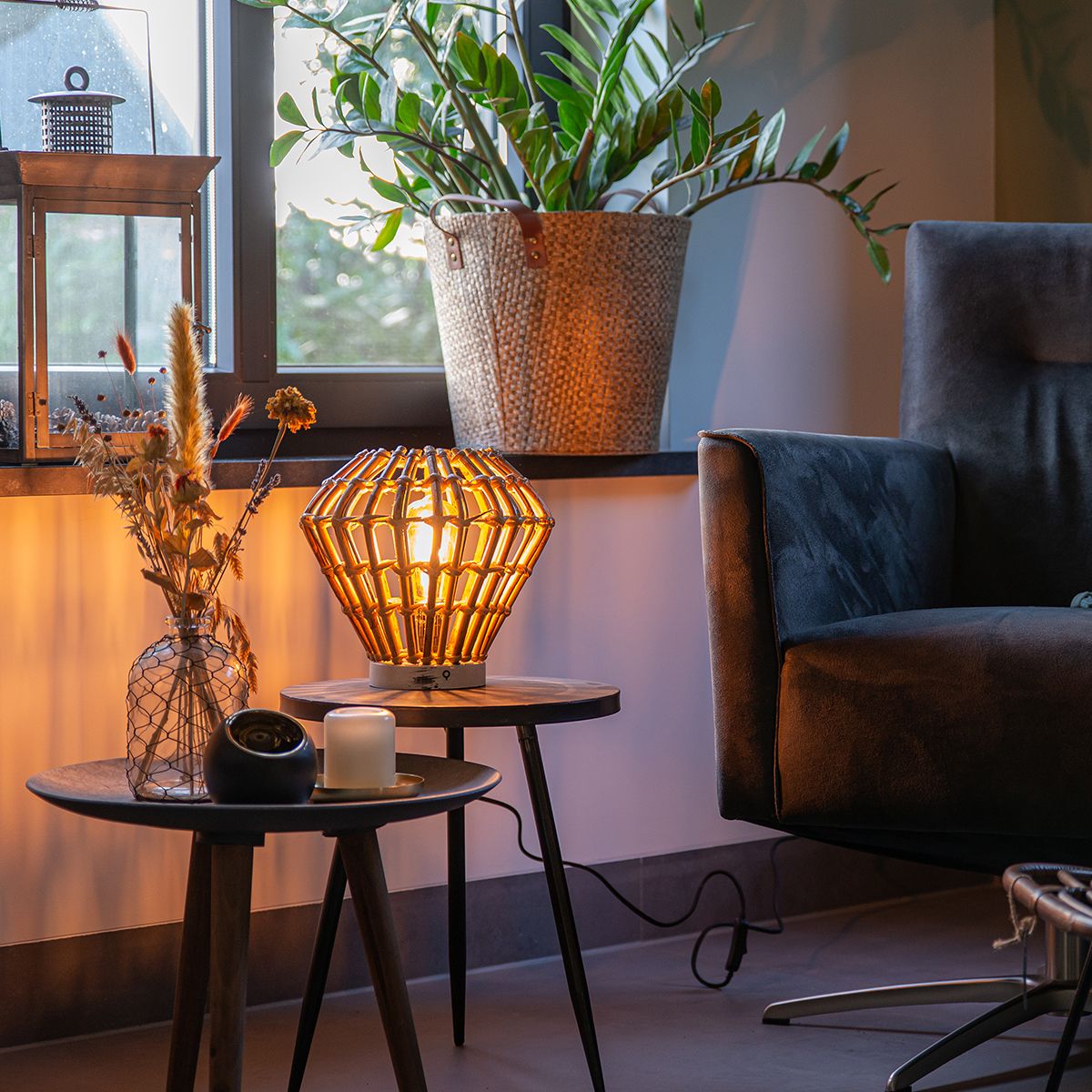 Landelijke tafellamp bamboe met wit - Canna Diamond