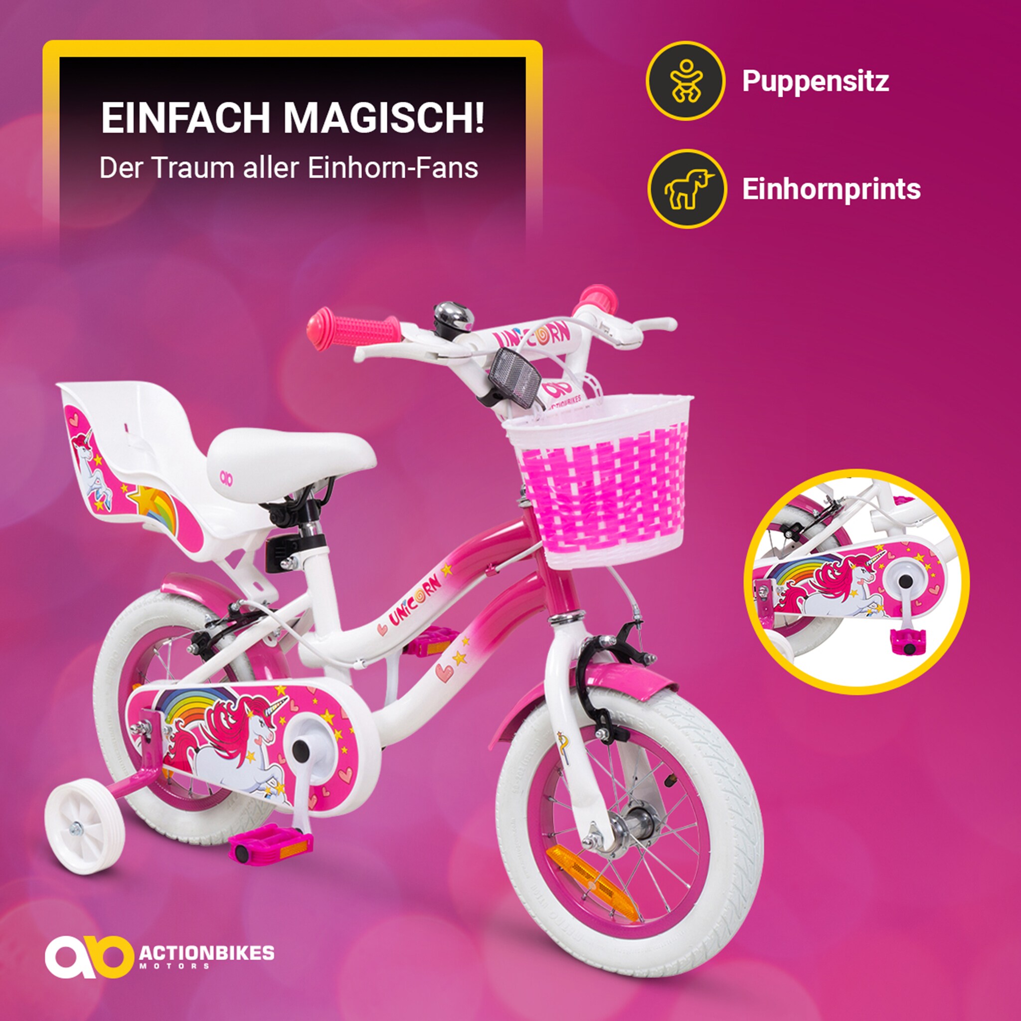 Actionbikes Kinderfahrrad Unicorn 12 Zoll, Pink, Einhorn-Design, Puppensitz, Stützräder, Fahrradkorb