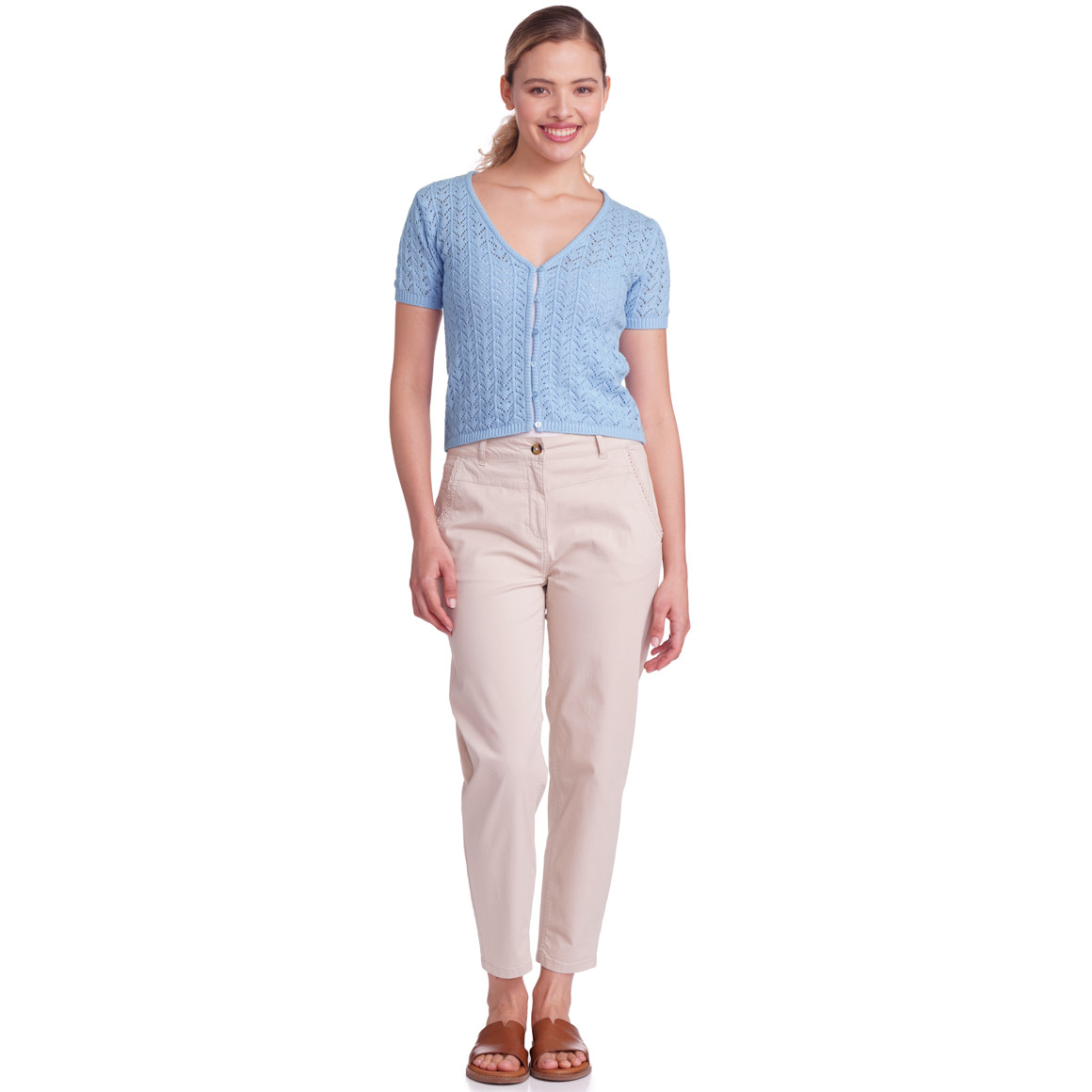 Gina Damen Strickjacke mit Ajour-Muster hellblau