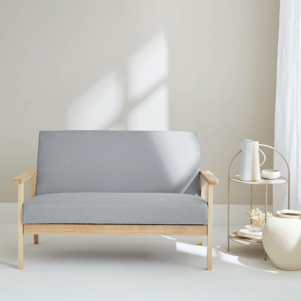 Banquette canapé en bois et tissu gris clair. Isak. L 114 x p 69.5 x h 73cm