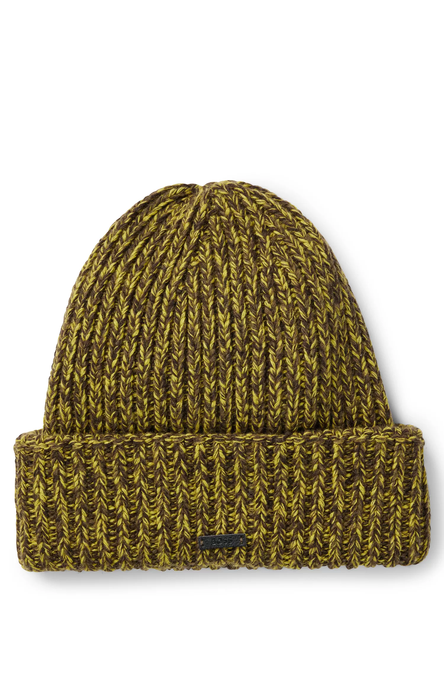 Gorro BOSS preto de tricô grosso com placa de logotipo em couro sintético