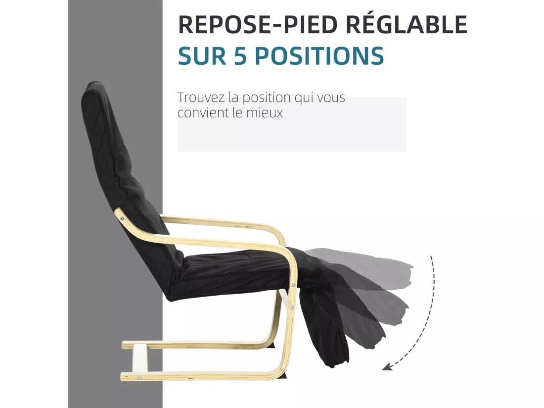 Fauteuil style nordique - repose-pied réglable - déhoussable - bois de bouleau tissu noir