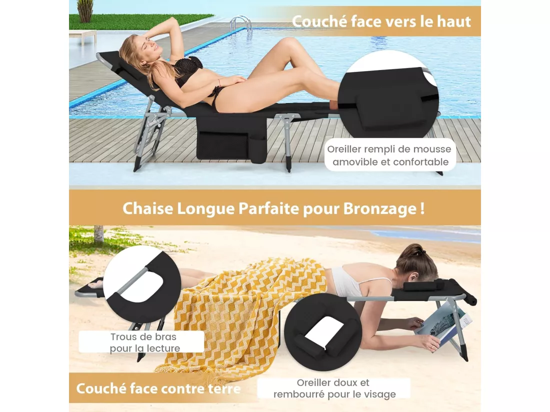 Bain de Soleil en Aluminium avec Dossier Réglable, Chaise Longue Pliante avec Oreiller Amovible et Trou pour Visage, Transat avec Poche Latérale, pour Jardin, Plage, Charge 180KG (Noir)