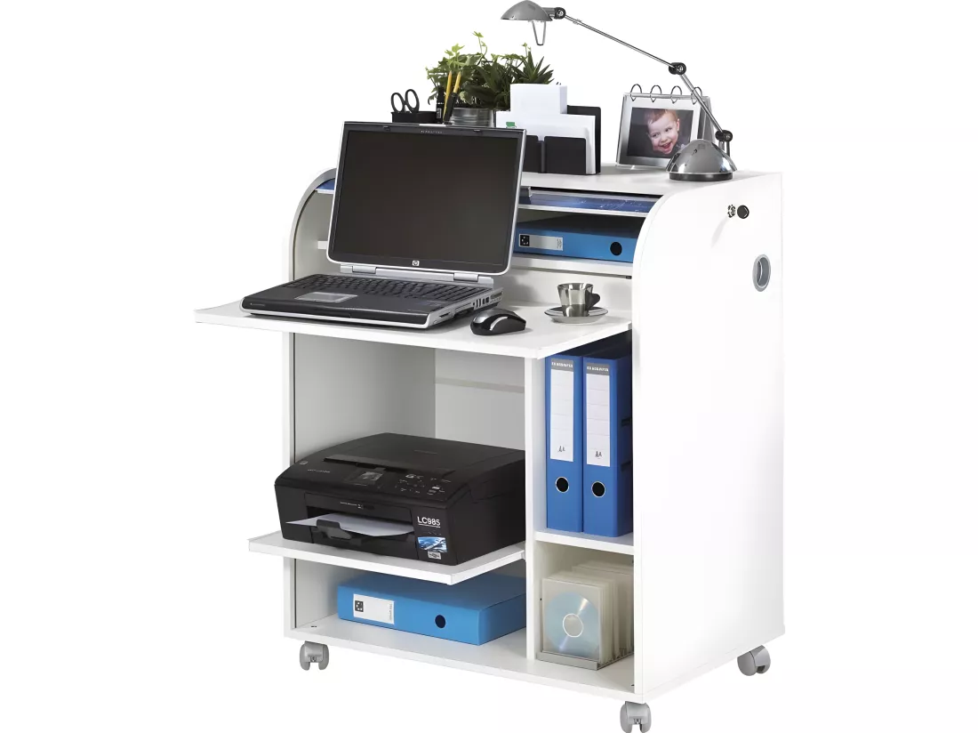 Bureau Informatique Blanc à Roulettes 5 Niches L 79.2 H 93.8 P 53.2 cm - Coloris: Chêne Naturel