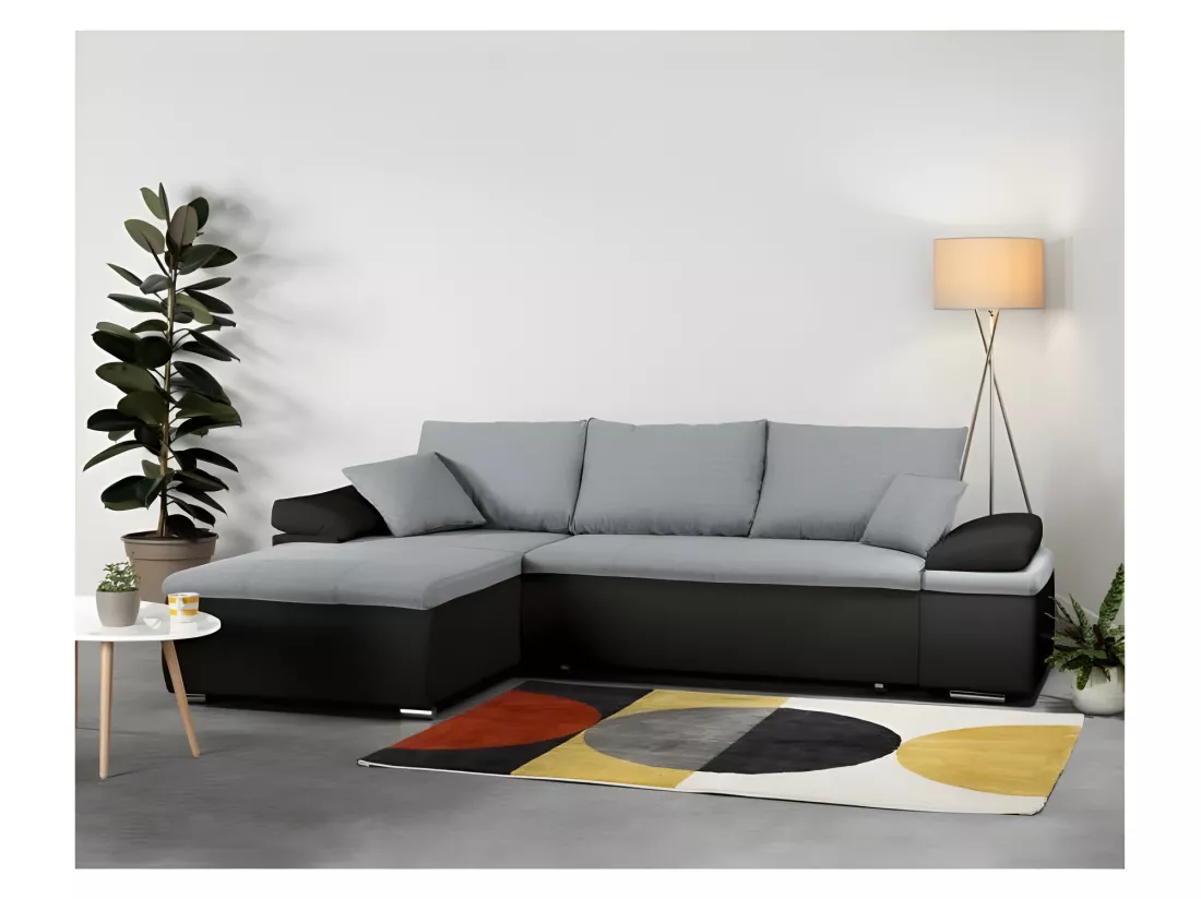 Canapé d'angle réversible convertible 3 places+Coffre - Simili noir et gris - CELINA
