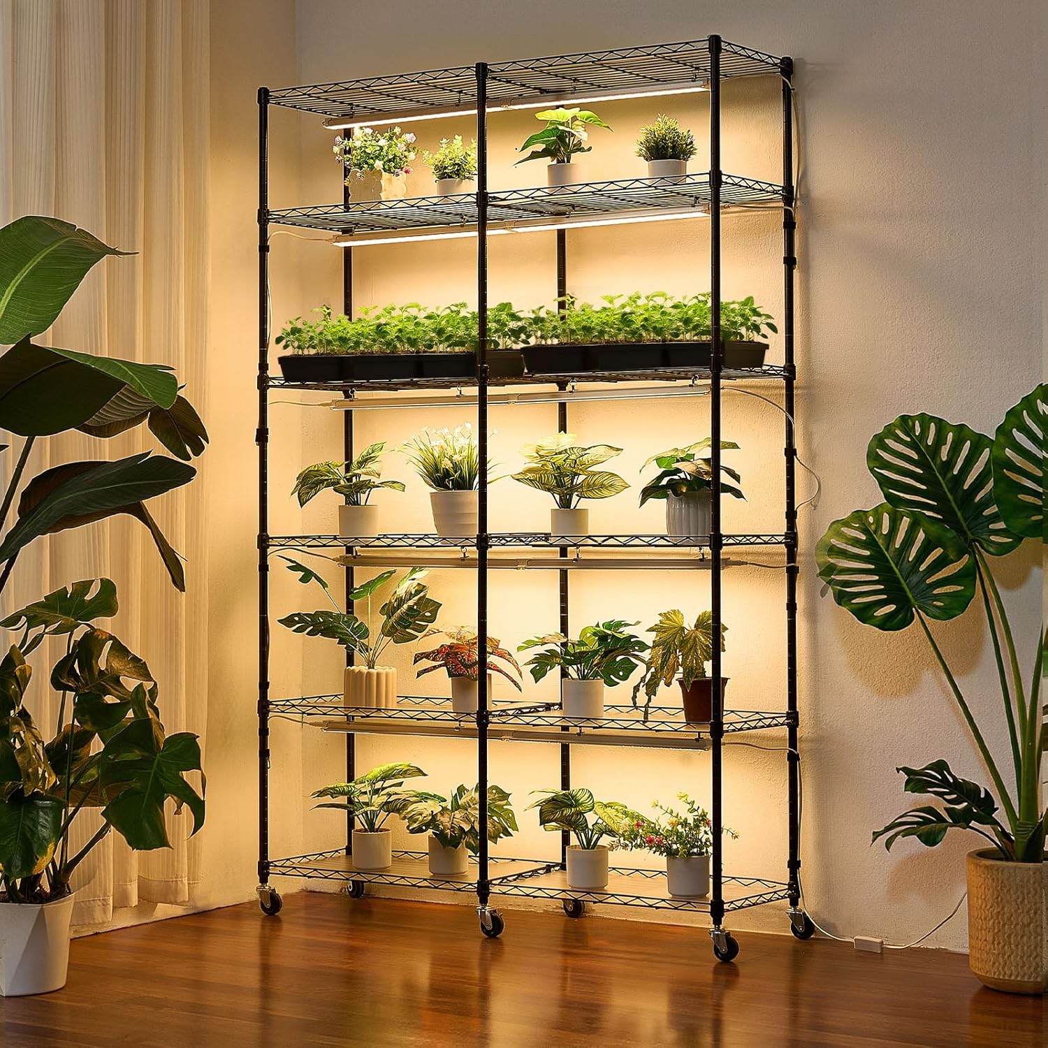 VEVOR Pflanzenregal mit Wachstumslicht, 6-stufiger doppelreihiger Pflanzenständer für Zimmerpflanzen mit Rädern & Timer, 200-W-Vollspektrum-Lichter, Blumenregal für Samenanzucht, 120x35x180cm