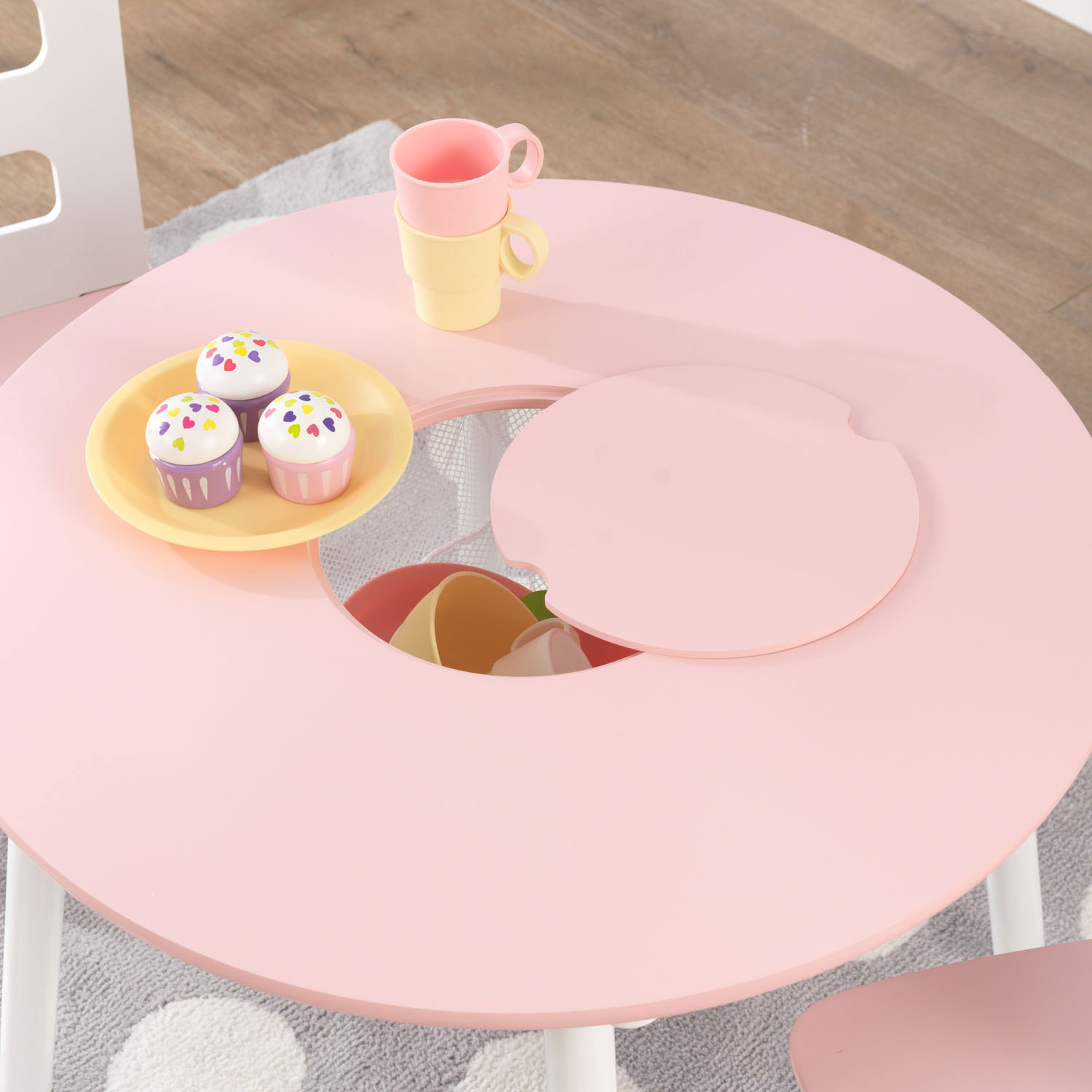 KidKraft Houten Opbergtafel Rond met 2 Stoelen Roze/Wit