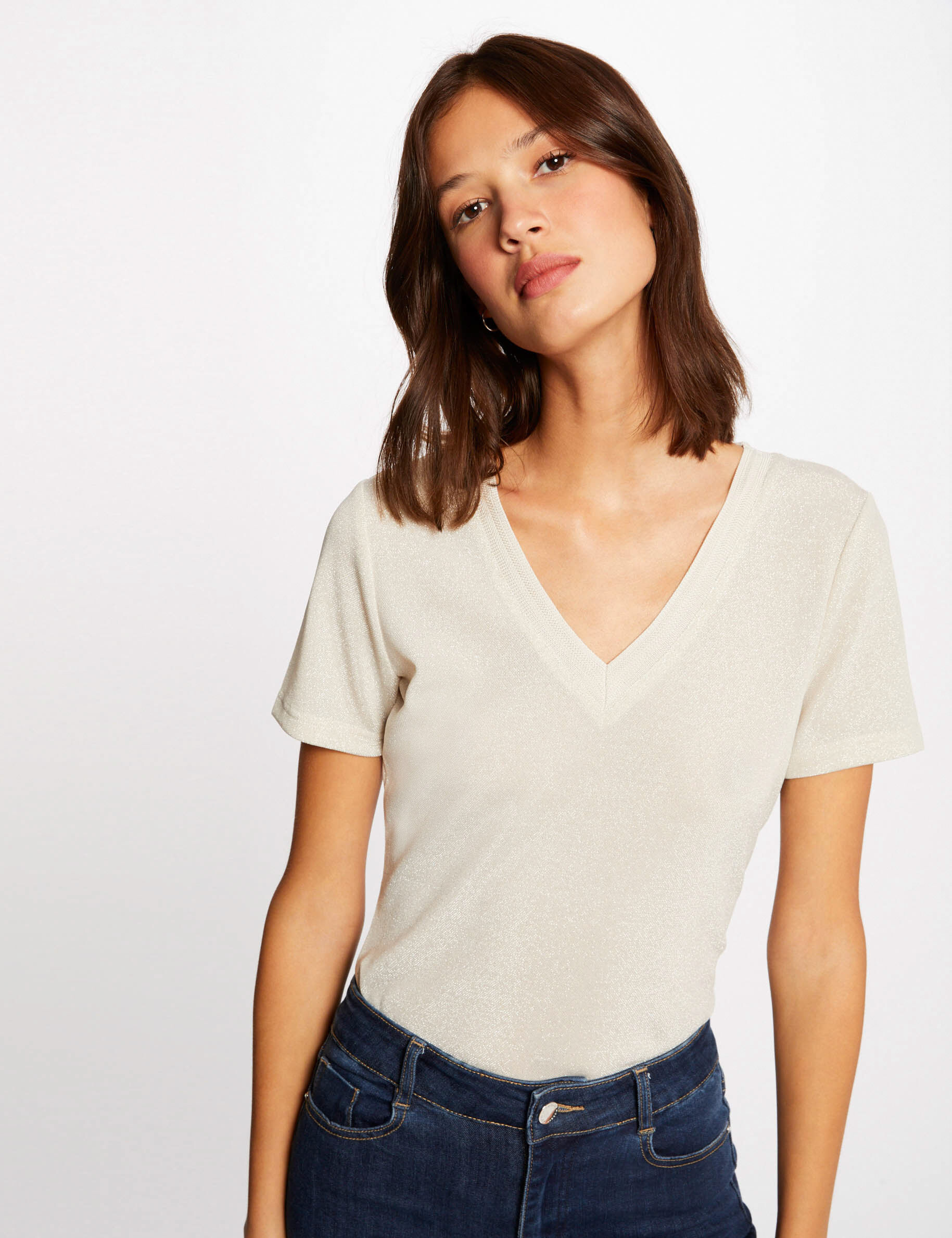 T-shirt manches courtes avec col en V ivoire femme - ivoire