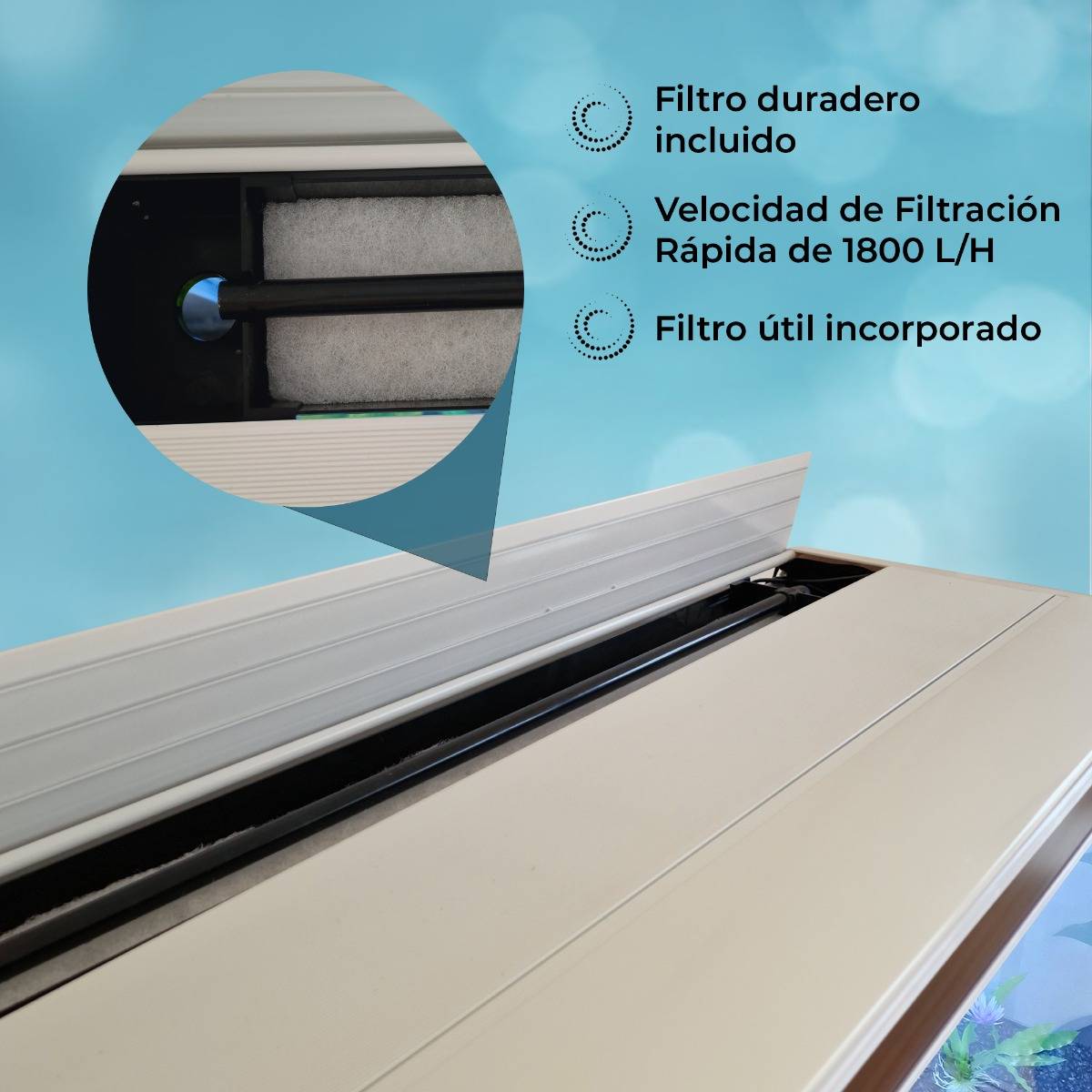 Aquário de 300 litros com móvel branco, acessórios e cascalho preto.