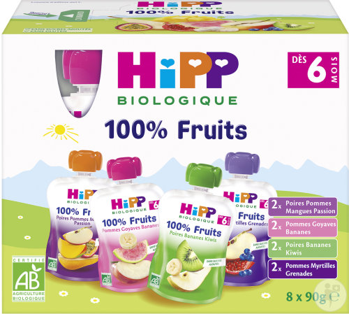 HiPP Biologique 100% Fruits Multipack Dès 6 Mois Gourdes 8x90g