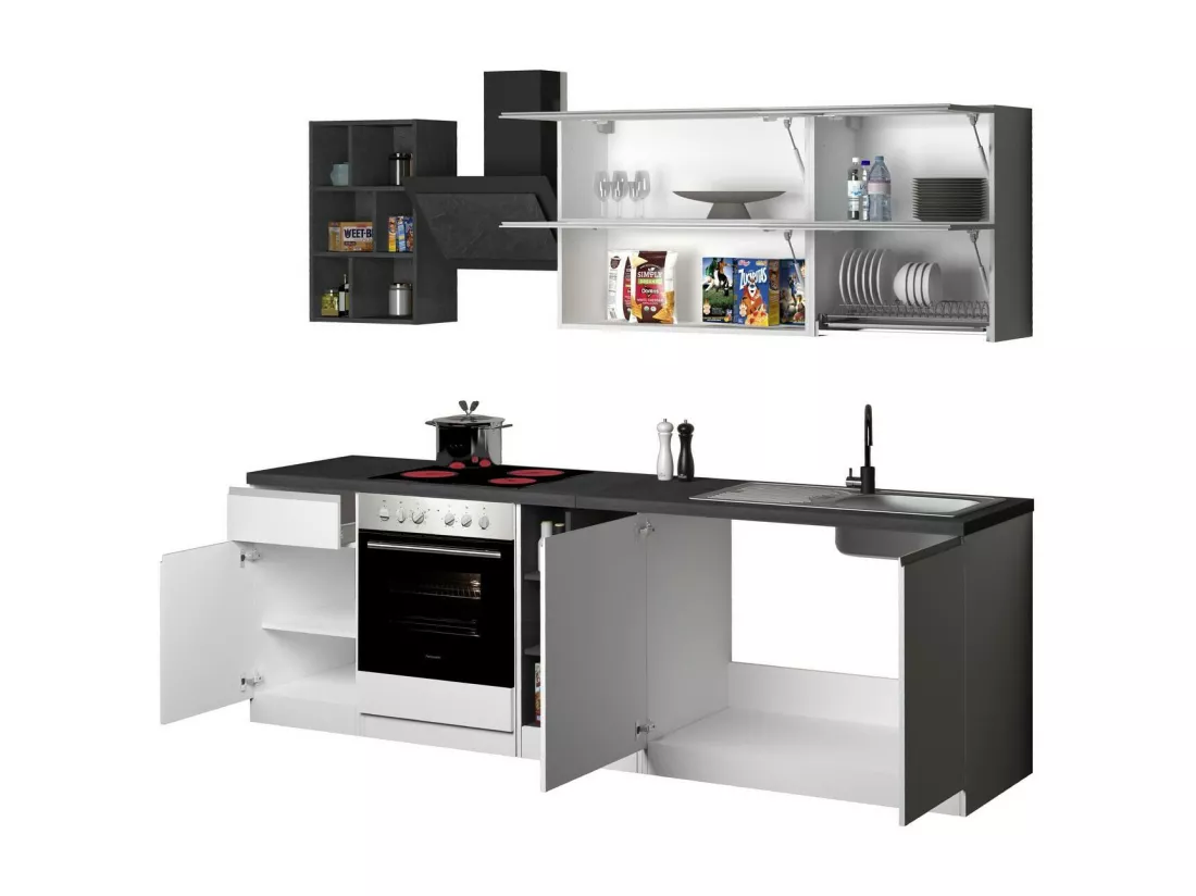 Cuisine complète Dcastill, Ensemble avec garde-manger, Meuble de kitchenette, Kit bloc linéaire, 100% Made in Italy, 255x60h85 cm, Blanc brillant et ardoise