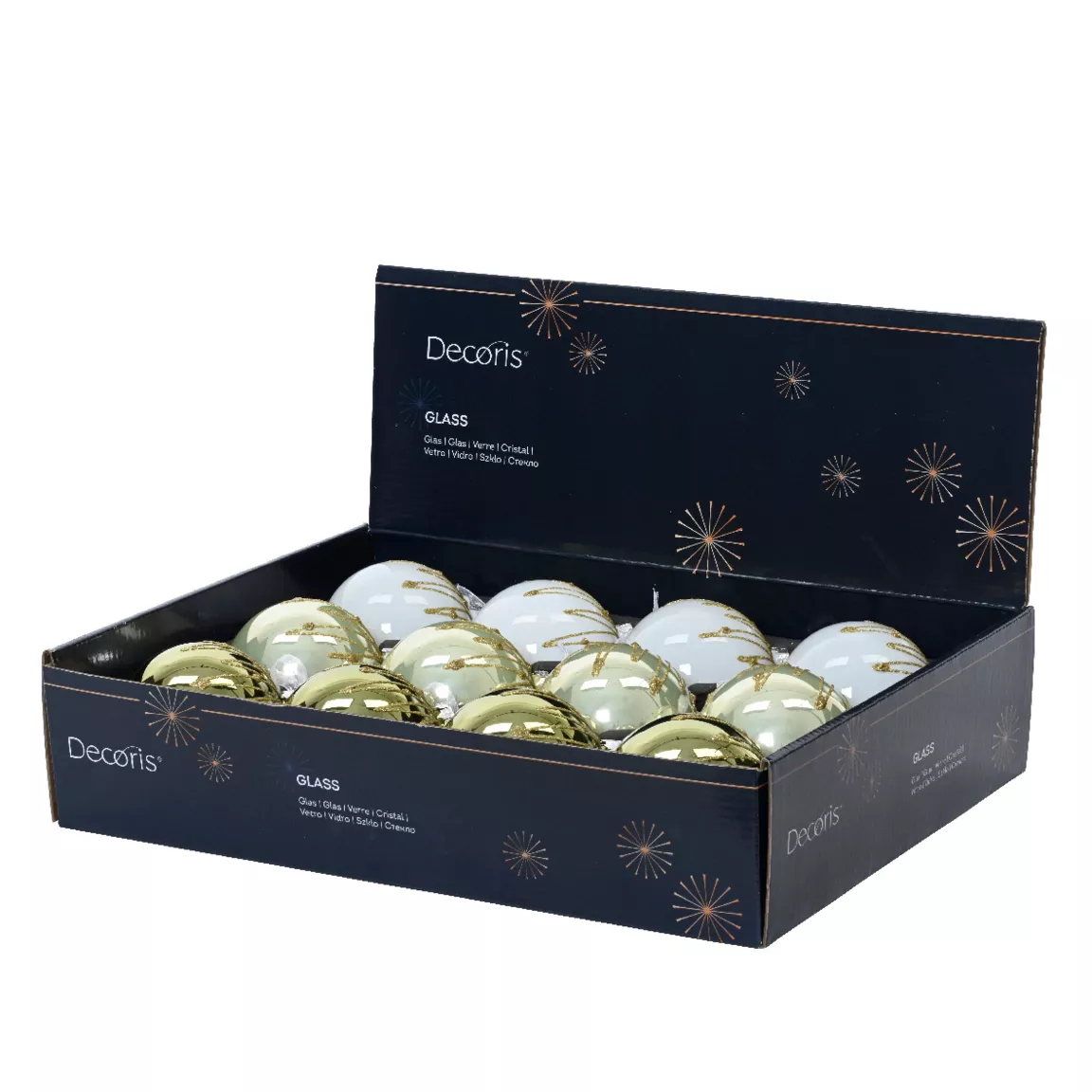 Lot de 12 boules de Noël en verre (D80 mm) Blanc d'hiver, Romarin et Menthe