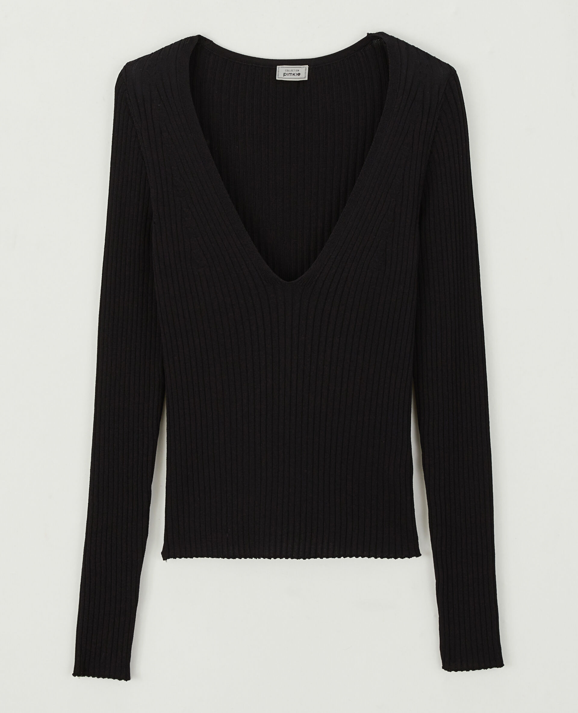 Pull col V maille côtelée - Noir