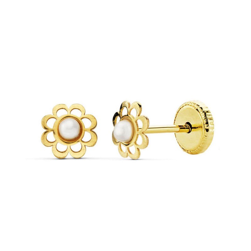 Boucles d'Oreilles Or 18 Carats 750/000 Jaune - Perles de Culture - Motif Fleur