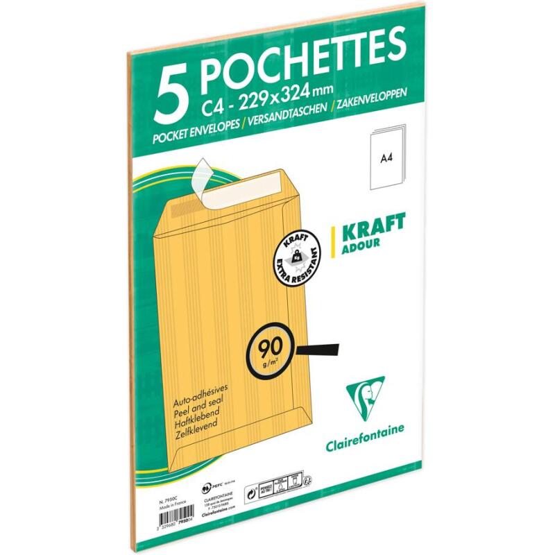 Paquet de 5 Pochettes Kraft Adour Brun C4-229x324mm - Auto-Adhésives - 90g/m2 - Brun