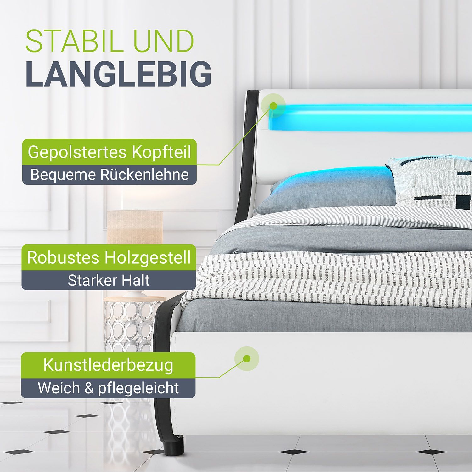 Juskys Polsterbett Bett Valencia 180 x 200 cm weiß mit Kaltschaummatratze Doppelbett mit LED
