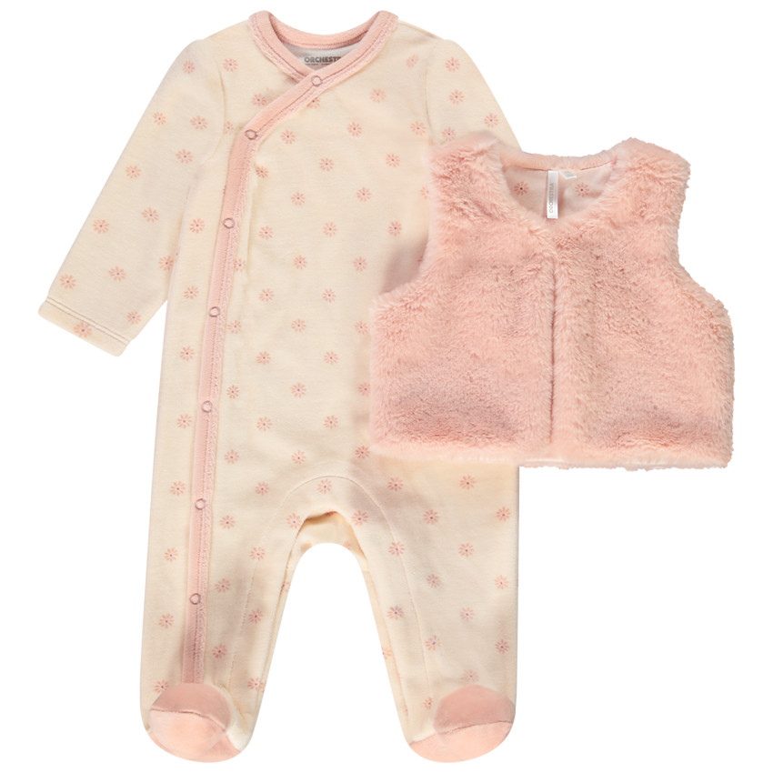 Ensemble gilet effet fourrure + dors-bien pour bébé fille avec ouvertures différentes selon l'âge