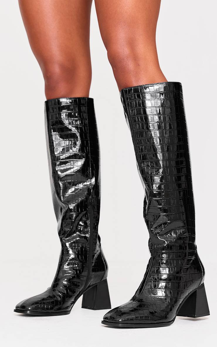 Bottes Hautes À Talon Bloc Effet Croco En Synthétiquecuir Coupe Large Bout Rond