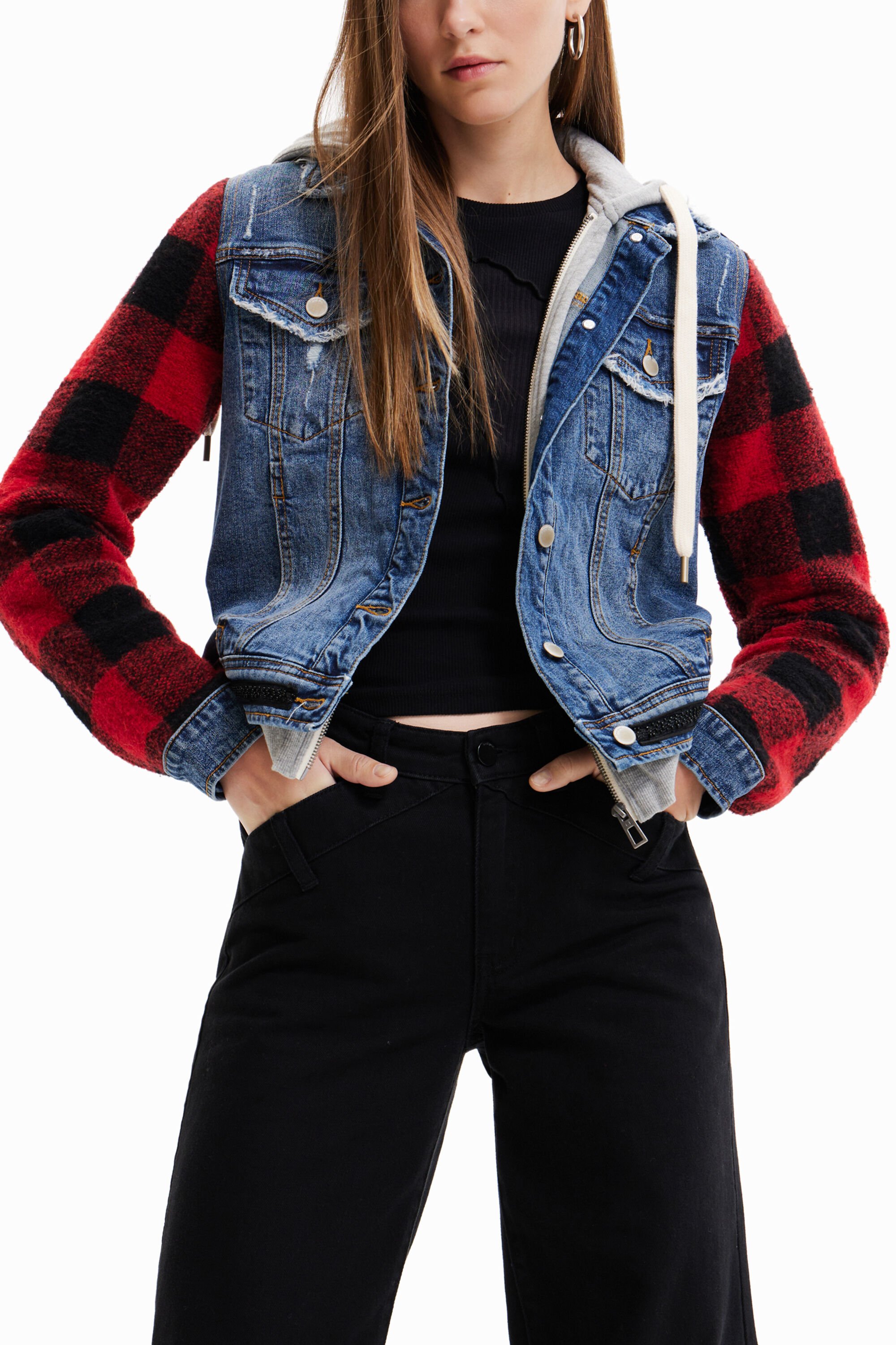 Veste en jean manches à carreaux
