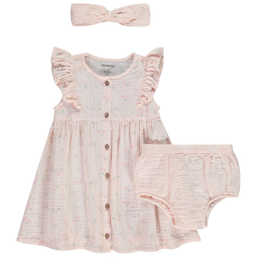Ensemble 3 pièces en double gaze imprimé floral pour bébé fille - Rose