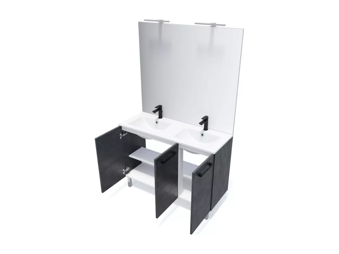 Meuble de salle de bain suspendu avec pieds double vasque intégrée 120cm 3 portes Ardoise métallisée - Chelsea