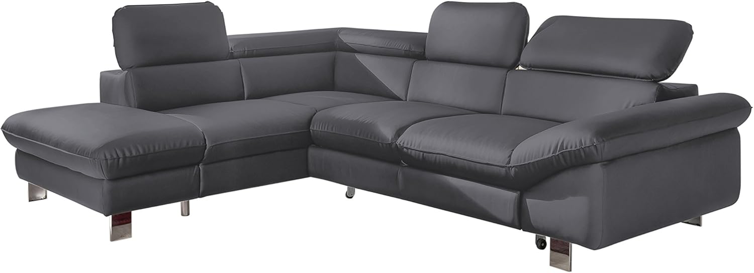 Mivano Ecksofa Driver mit Schlaffunktion und Stauraum / Ledersofa in L-Form mit Ottomane links / Inkl. verstellbare Kopfstützen / 266 x 73 x 214 / Kunstleder grau