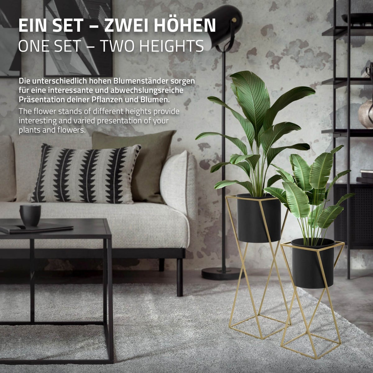 ML-Design Bloemenstandaard, Set van 2, Zwart en Goud, 21x21x51/24x24x70,5 cm, Staal, Bloempotstandaard met plantenbak, Metalen plantenstandaard, 2-delige bloempothouder, Decoratieve plantenbak, Bloemenzuil, Bloemenkruk