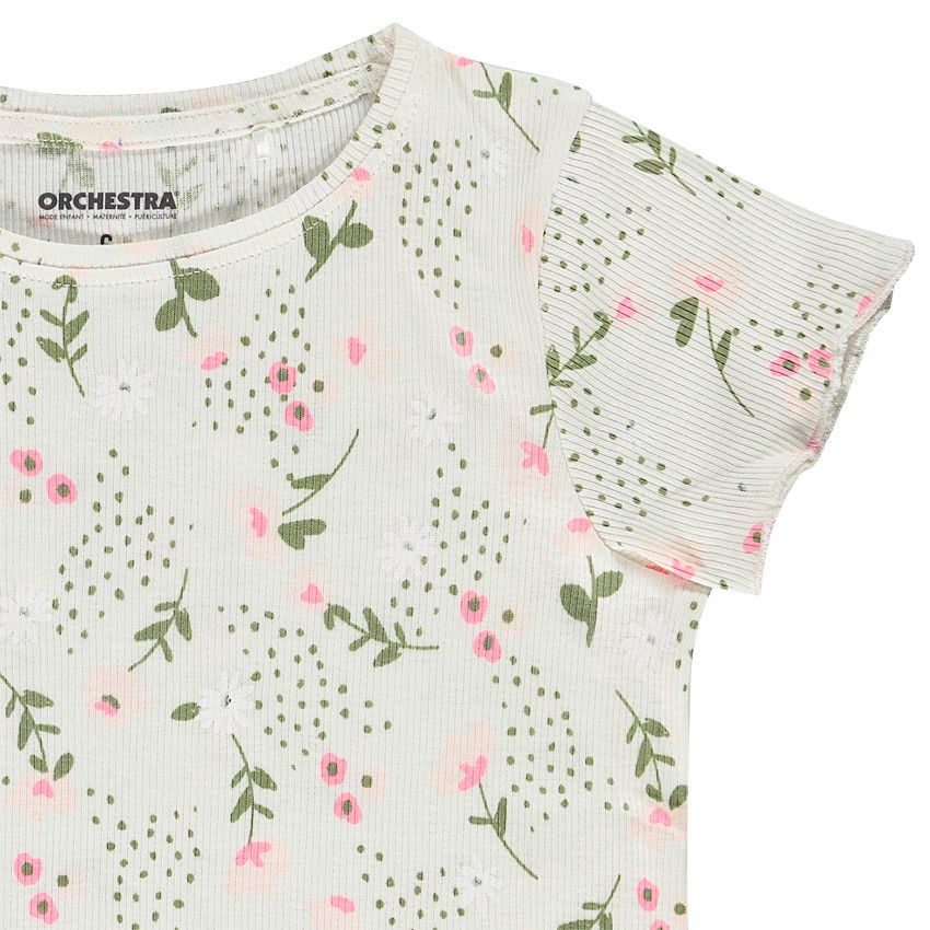 T-shirt manches courtes en jersey côtelé imprimé fleuri pour fille - Ecru