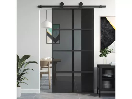 Porte coulissante noir 102,5x205 cm verre trempé aluminium