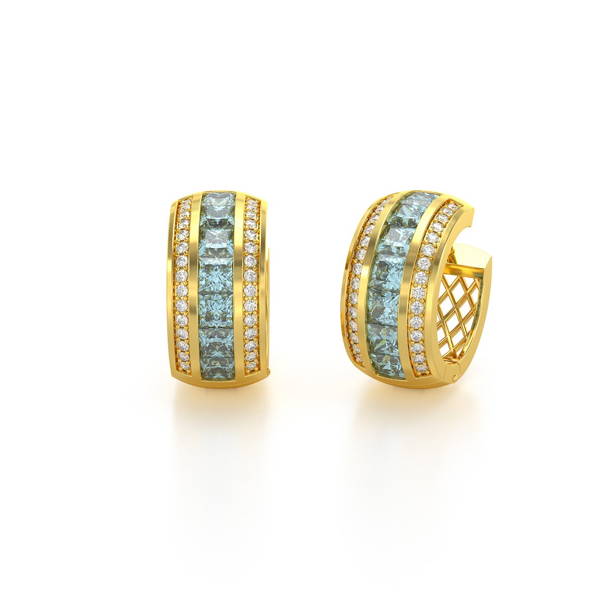 Boucles d'oreilles ADEN Or 585 Jaune Aigue-Marine et Diamants 7.35grs