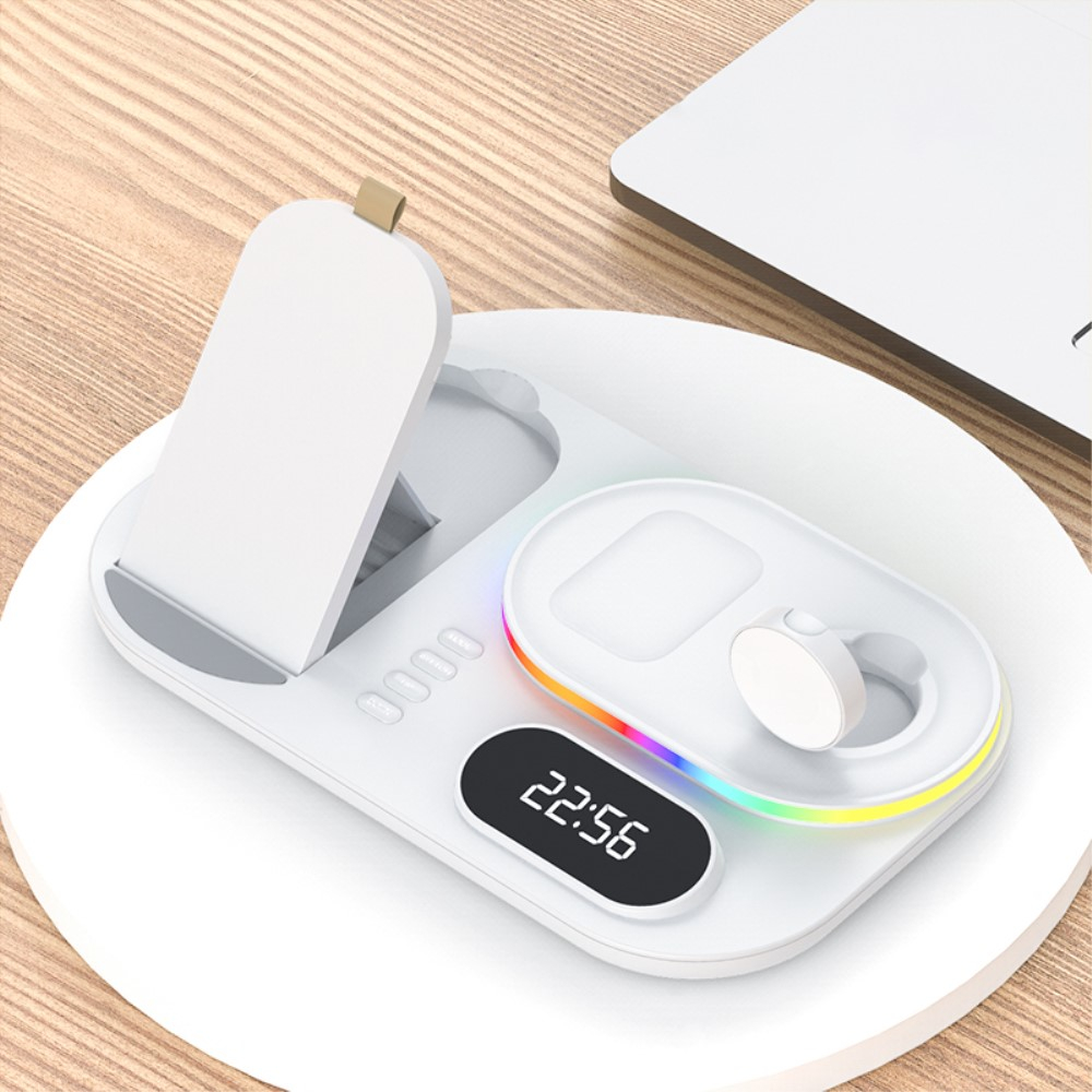 (15W) 4in1 Apple Watch / Smartphone / AirPods Qi Fast Charging Ladegerät Ständer Dockingstation   Zeitanzeige - Schwarz