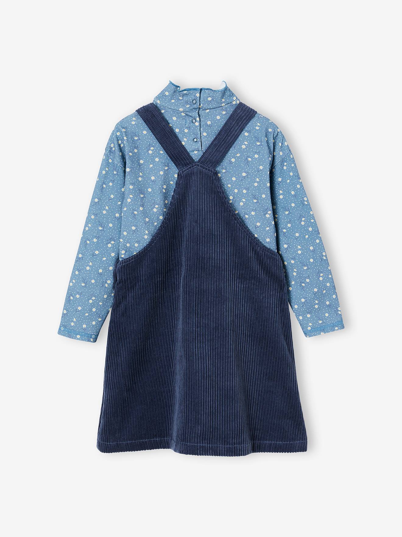 Look feminino: camiseta + jardineira de veludo cotelê azul-escura