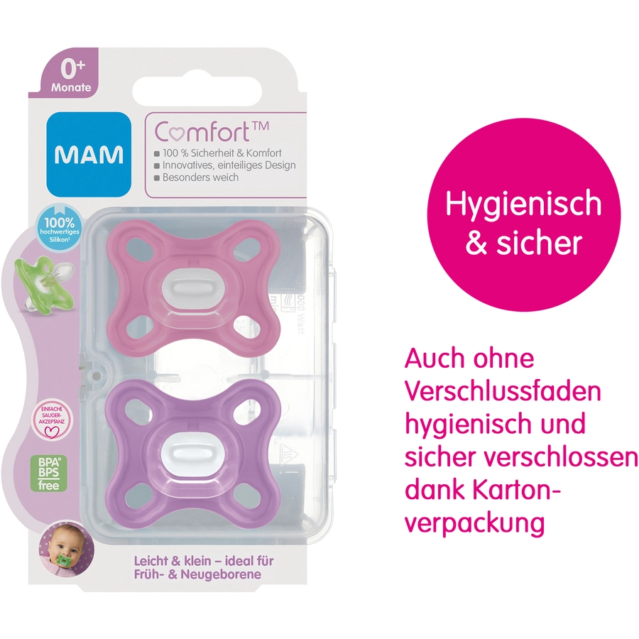 MAM Schnuller Comfort Silikon, 0+ Monate, 2 Stk, pink + lila
