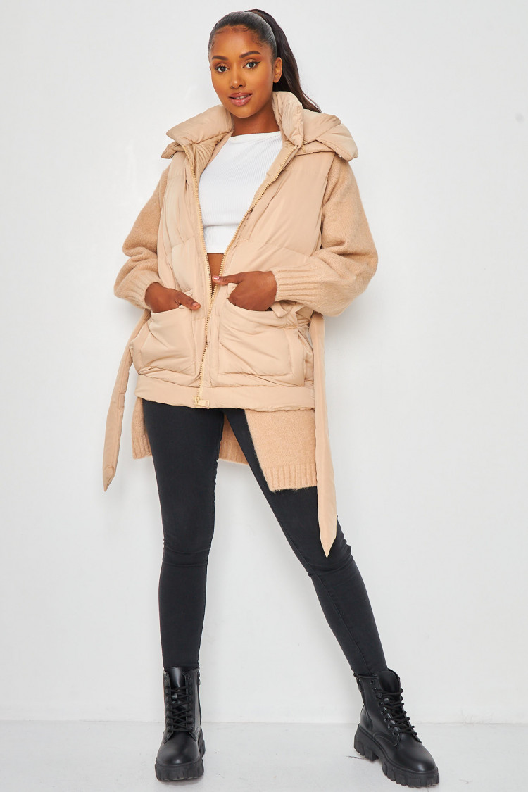 Doudoune sans manches beige ceinturée