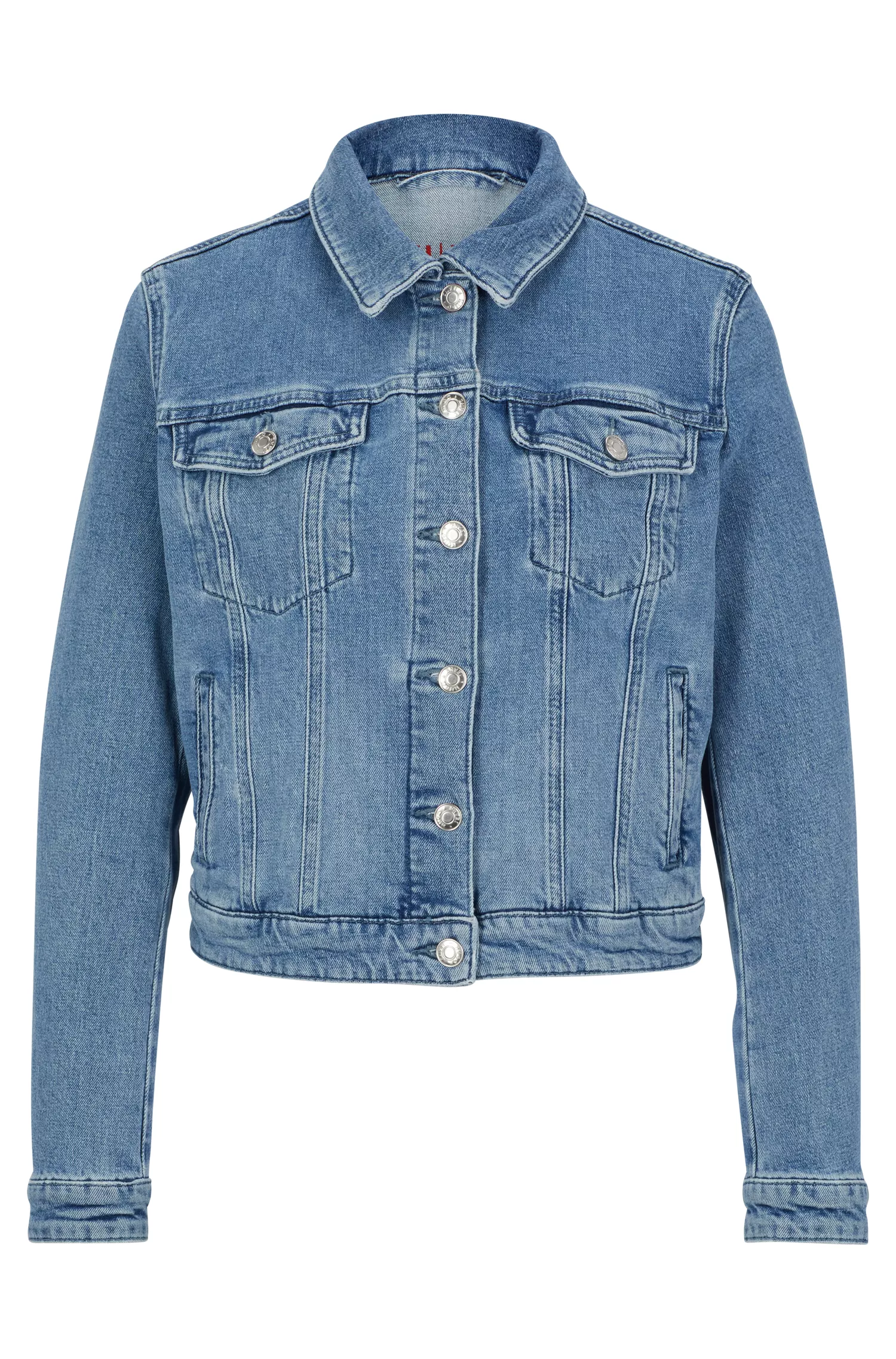 Jaqueta HUGO vermelha, corte slim, em denim elástico.