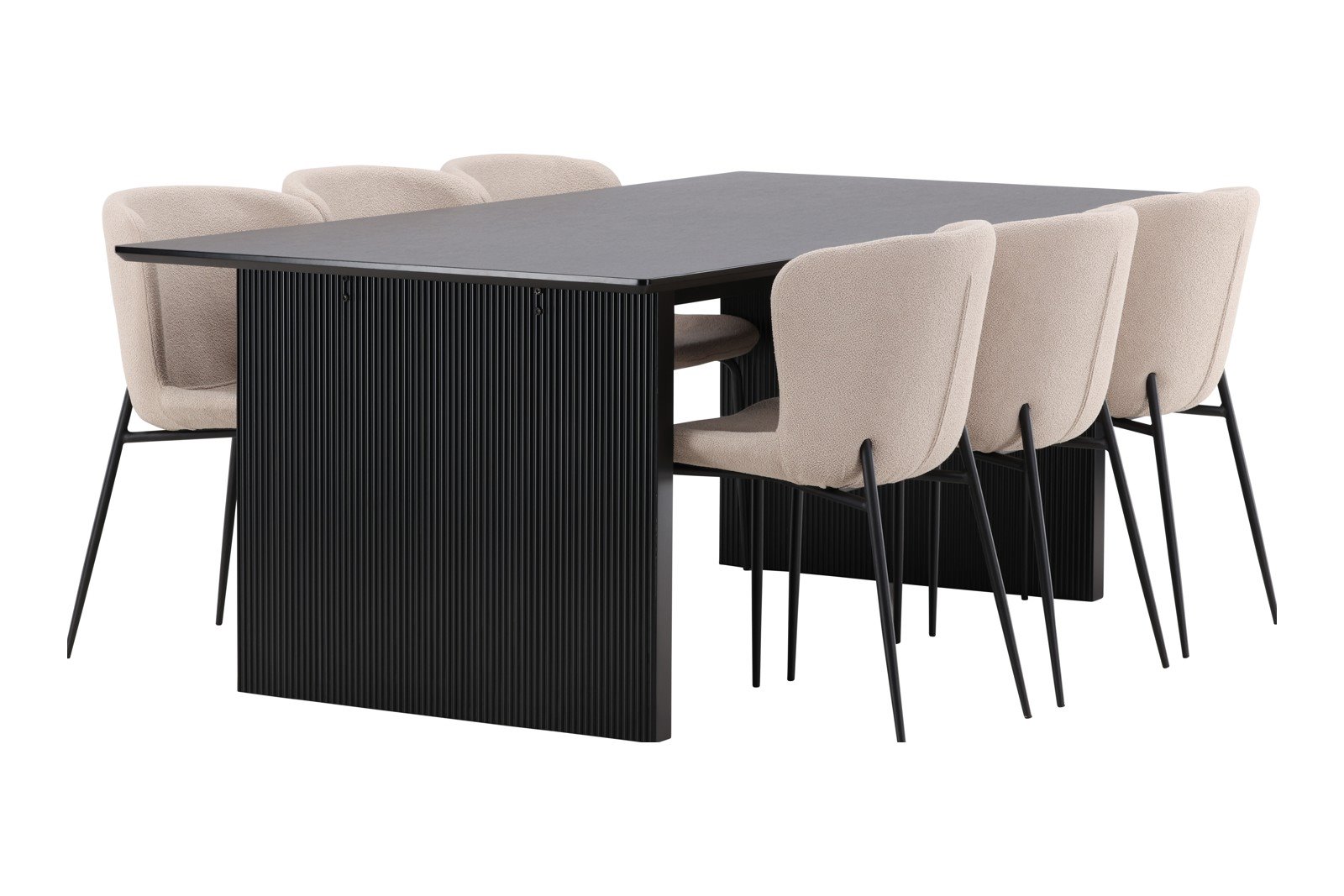 Vail og Modesto Spisegruppe Vail spisebord i sort med 6 stk. Modesto spisestoler i Beige bouclé og sorte ben