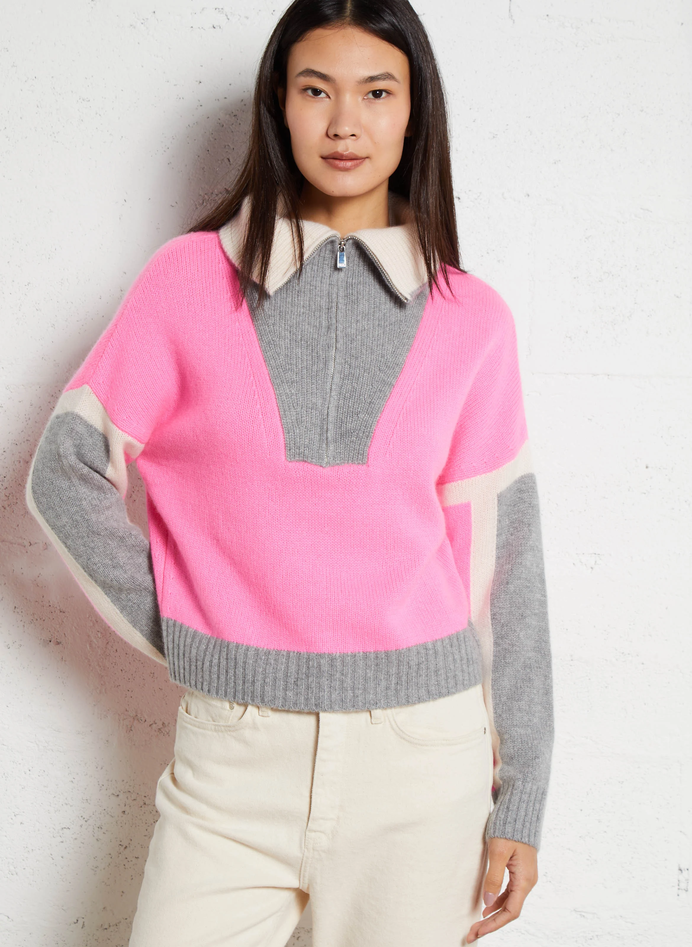 Pull tricolore en cachemire| Rose