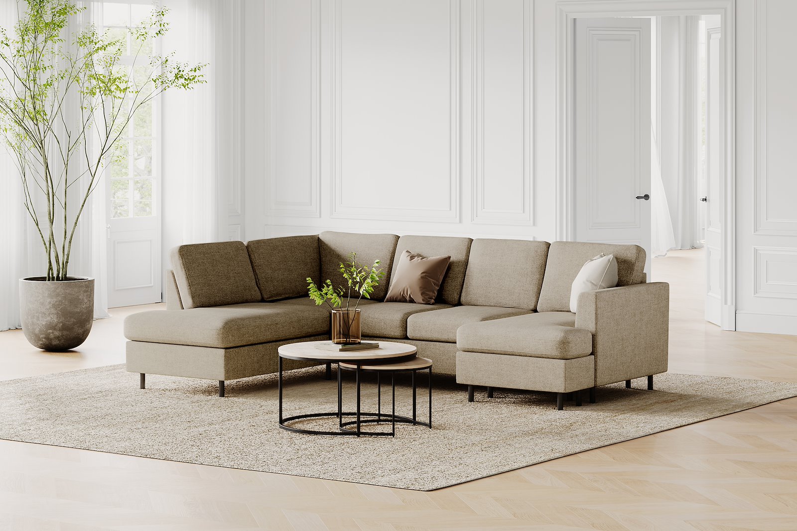 Oslo Plus U-sofa Åpen ende venstre med 2-seter og sjeselong høyre. Tekstil Neve 16 Dark Beige med sorte ben