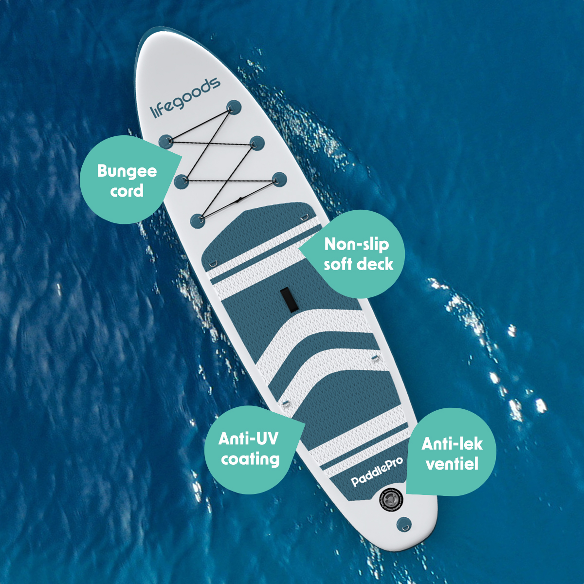 LifeGoods PaddlePro SUP Board met zitje - White/Deep Aqua