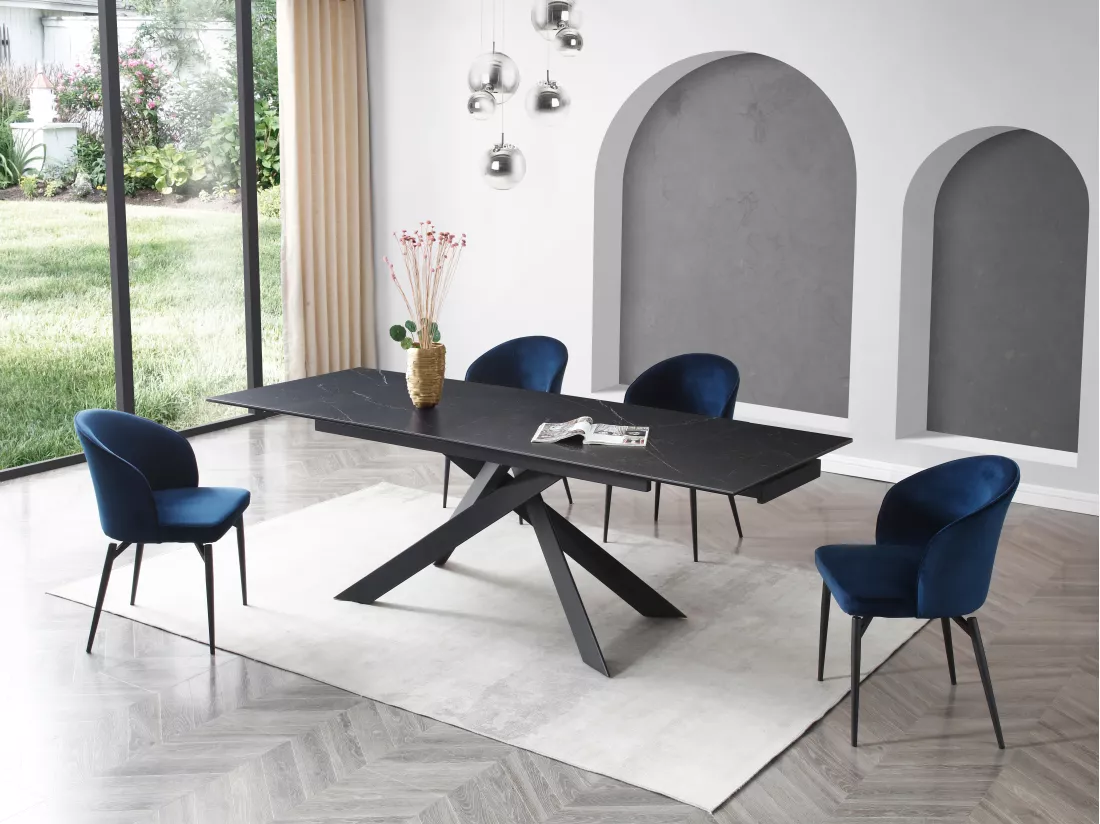 Table à manger extensible 6 à 10 personnes en céramique, verre trempé et métal - Effet marbre noir - COREMA de Maison Céphy
